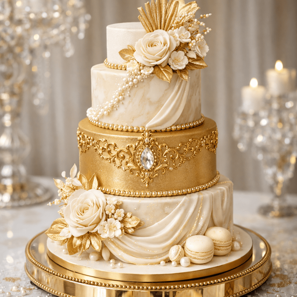 Three-tier wedding cake decorated with gold detailing, white roses, pearls, and macarons