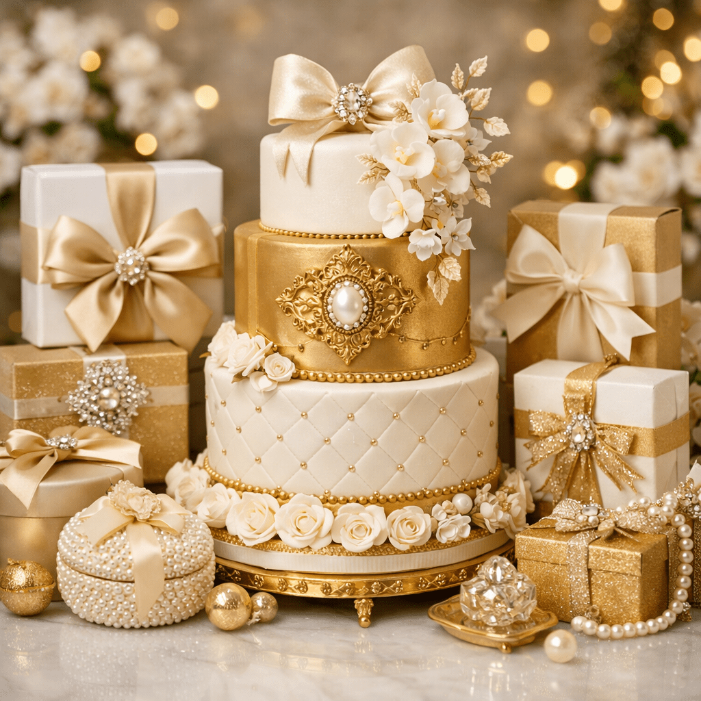 Three-tiered gold and cream cake with floral and pearl decorations next to gold and cream wrapped gifts
