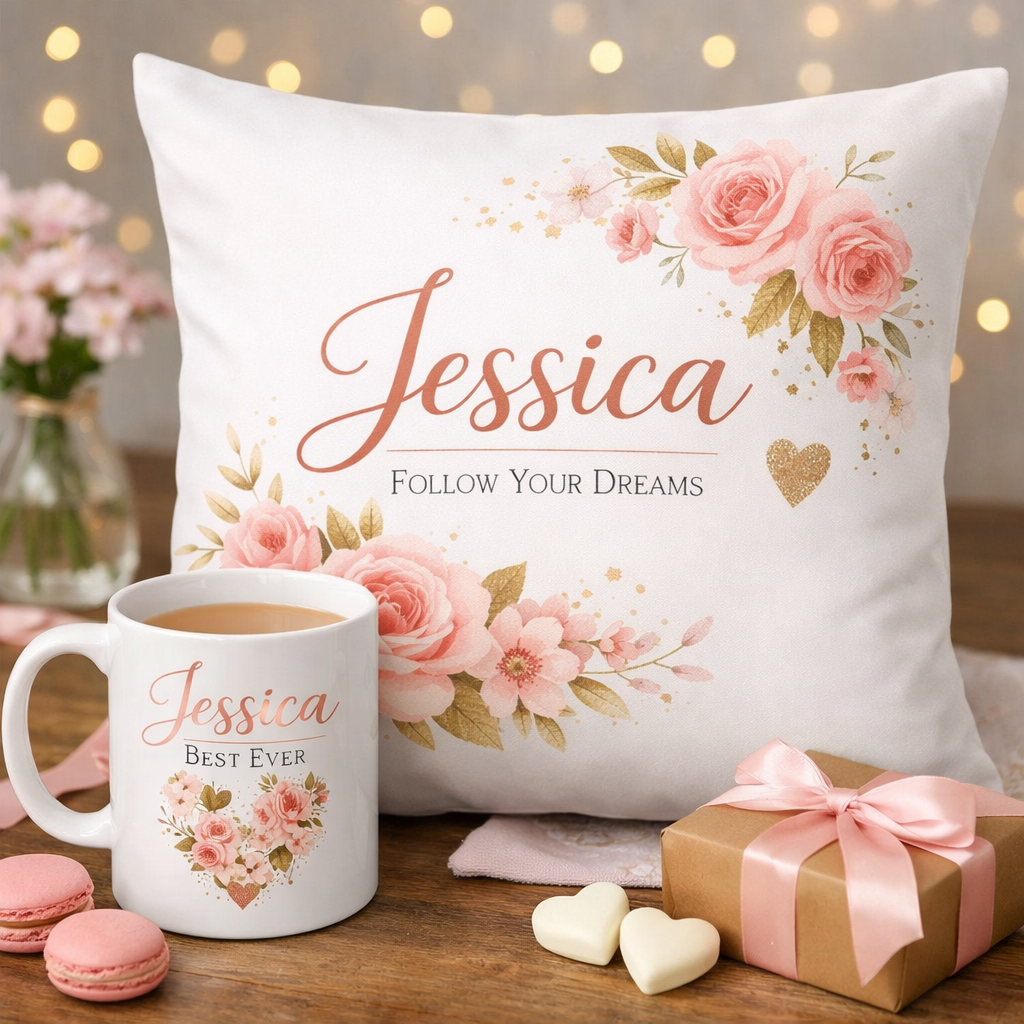 White pillow with 'Jessica Follow Your Dreams' and floral design; white mug with 'Jessica Best Ever' and heart-shaped flowers